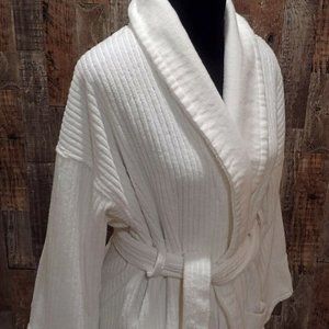 RIB WHITE 100% COTTON CHENILLE TERRY CLOTH FULL LENGTH WRAP ROBE SZ S/M EUC